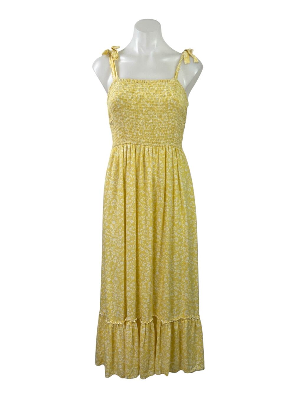 Japna Yellow Floral Shirred Smocked Sleeveless Tie A Line Fit & Flare Dress S
